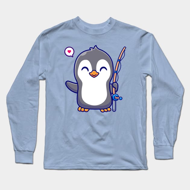 Cute Penguin With Fishing Rod Cartoon Long Sleeve T-Shirt by Catalyst Labs